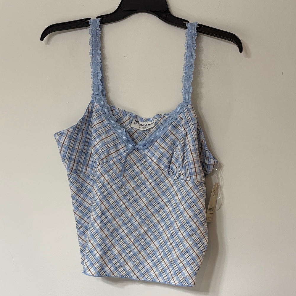NWT No Boundaries Blue Plaid Tank Top with Lace Trim